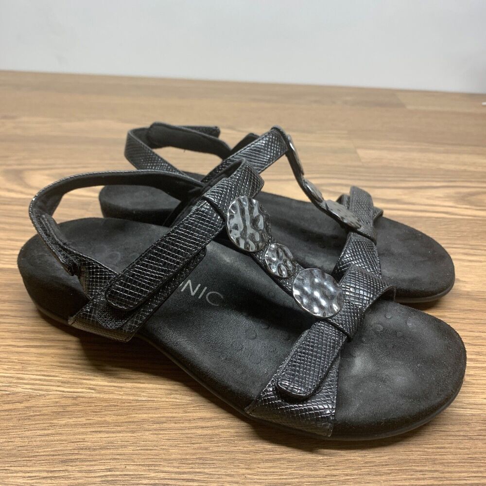 Vionic Women 7 Farra Black Slingback T-Strap Flat Sandals Comfort Shoes